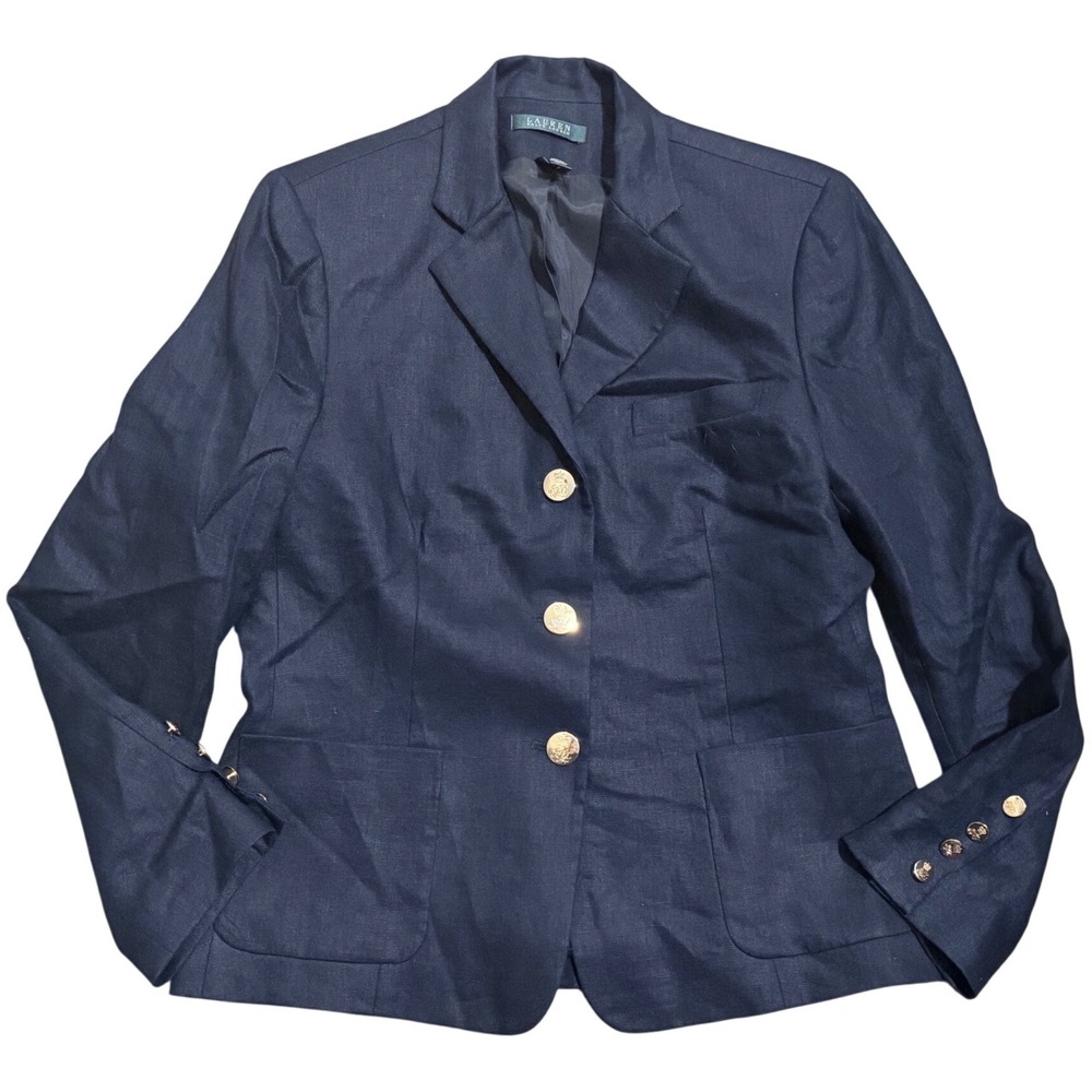 Lauren Ralph Lauren Navy Blue 100% Linen Blazer Gold Crest Button Jacket Size 10